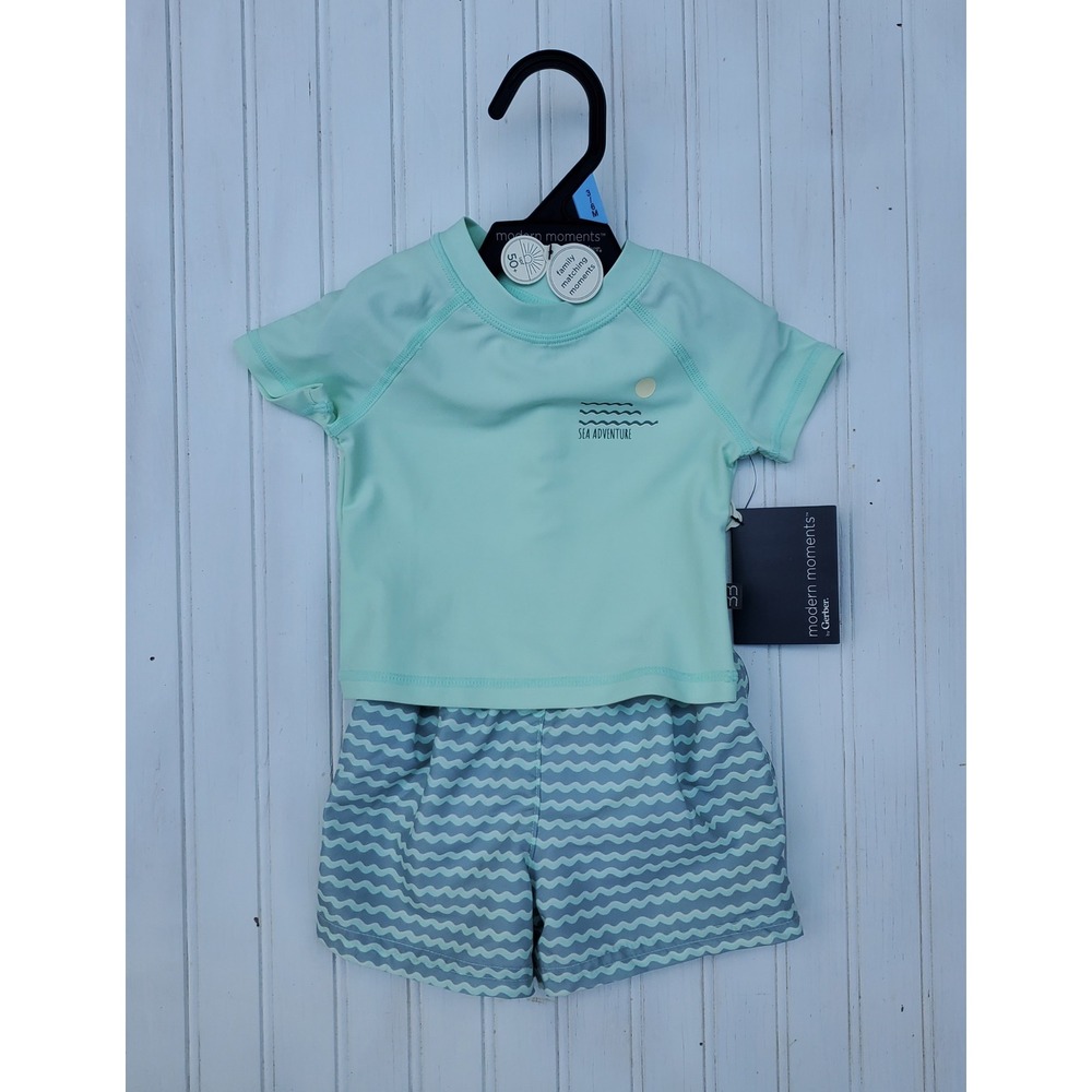 Modern Moments by Gerber Baby Boys Rash Guard Swim Trunks Set Mint Green 3-6M